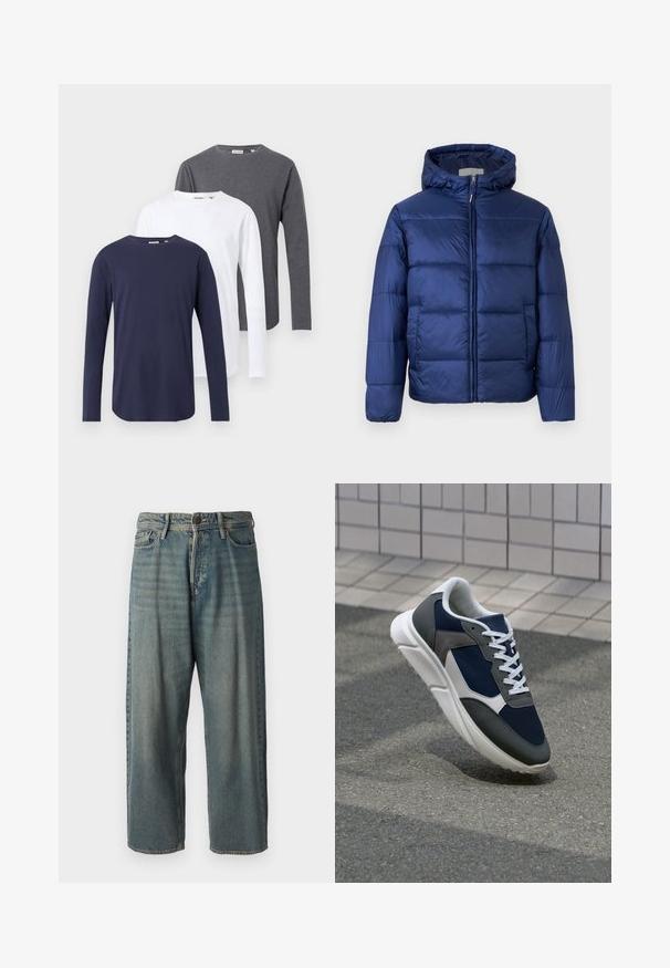 Námorně modrá péřová bunda s kapucí, s prošívanými sekcemi, předním zipem a elastickými manžetami pro teplo a komfort.; Tři trička s dlouhým rukávem v námořnické, bílé a šedé barvě. Vyrobena z bavlny, s kulatými výstřihy a rovnými lemy.; Světle modré denimové džíny s volným střihem, středně vysokým pasem a rovnými nohavicemi. Obsahují pět kapes, poutka na opasek a zapínání na knoflík.; Tenisky s horní částí z námornicky modré síťoviny, šedými semišovými akcenty, bílou gumovou podrážkou a plochými bílými tkaničkami, navržené pro pohodlí a prodyšnost.
