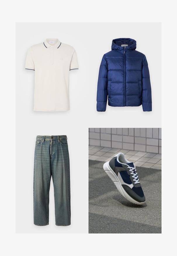 Navy blue puffer jacket with a hood, featuring quilted sections, a front zipper, and elastic cuffs for warmth and comfort.; Cream polo shirt with a three-button placket, short sleeves, and navy blue collar and sleeve accents. Soft cotton blend fabric.; Light blue denim jeans with a loose fit, mid-rise waist, and straight legs. Features five pockets, belt loops, and a button closure.; Sneaker featuring a navy blue mesh upper, gray suede accents, white rubber sole, and flat white laces, designed for comfort and breathability.