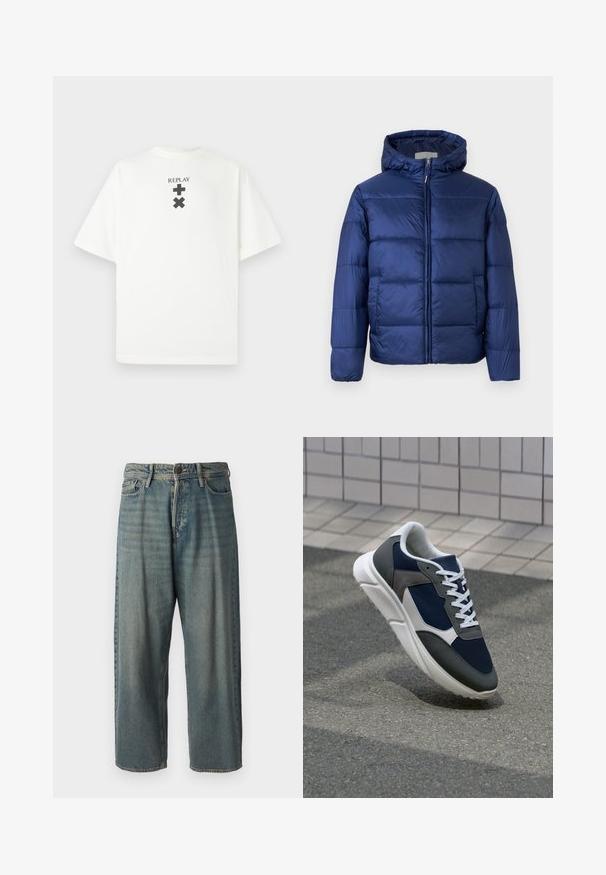 Casaco puffer azul-marinho com capuz, apresentando seções acolchoadas, um fecho dianteiro e punhos elásticos para calor e conforto.; Camiseta branca de algodão com mangas curtas, apresentando um logo preto "REPLAY" e símbolos gráficos centrados abaixo do logo na frente.; Jeans de ganga azul claro com um corte solto, cintura média e pernas retas. Apresenta cinco bolsos, passadores de cinto e fecho com botão.; Sapatilha com parte superior em malha azul-marinho, detalhes em camurça cinza, sola de borracha branca e atacadores brancos planos, projetada para conforto e respirabilidade.