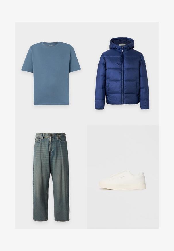 Geacă pufă albastru închis cu glugă, cu secțiuni matlasate, fermoar frontal și manșete elastice pentru căldură și confort.; Tricou cu guler rotund și mâneci scurte din bumbac albastru deschis. Are o croială lejeră și detalii de tiv cusute. Fără modele sau accente suplimentare.; Jeans din denim bleu deschis, cu o croială lejeră, talie medie și picioare drepte. Au cinci buzunare, bucle pentru curea și închidere cu nasture.; Tenisi albi slip-on cu o suprafață texturată, talpă groasă și un design minimalist. Prezintă logo-ul brandului pe lateral.