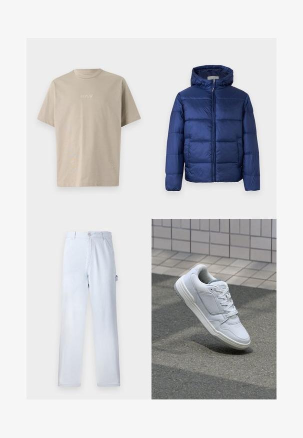 Sötétkék puffos dzseki kapucnival, steppelt részekkel, elülső cipzárral és elasztikus mandzsettákkal a melegség és kényelem érdekében.; Beige pamut póló rövid ujjakkal, kerek nyakkivágással, és egy kis fehér "REPLAY" logóval hímezve az elején.; Világoskék csíkozott nadrág, pamutból készült. Egyenes szárú fazon, elülső gombos záródással és oldalsó zsebekkel. Puha tapintású.; Fehér bőr sneaker perforált oldalakkal, texturált részletekkel, lapos fűzőkkel és kontrasztos szürke sarokkal. Enyhén megemelt talppal rendelkezik.
