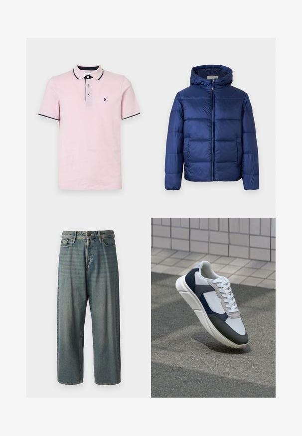 Tamsiai mėlynas pūkinis švarkas su kapišonu, turintis siuvinėtas dalis, priekinius zip užtrauktuką ir elastines rankoves šilumai ir komfortui.; Šviesiai rožinė polo marškinėlių su medvilne, turinčia tris sagas, tamsiai mėlyną apykaklę ir rankoves, taip pat mažą išsiuvinėtą logotipą.; Šviesiai mėlyni džinsai su laisvu siluetu, vidutinio aukščio juosmeniu ir tiesiomis kojomis. Su penkiais kišenėmis, diržo kilpo ir mygtukų uždarymu.; Baltos, tamsiai mėlynos ir pilkos sportbačiai su mišriomis medžiagomis, turintys tekstūruotą viršutinę dalį, plokščius raištelius ir paminkštintą pado dalį.