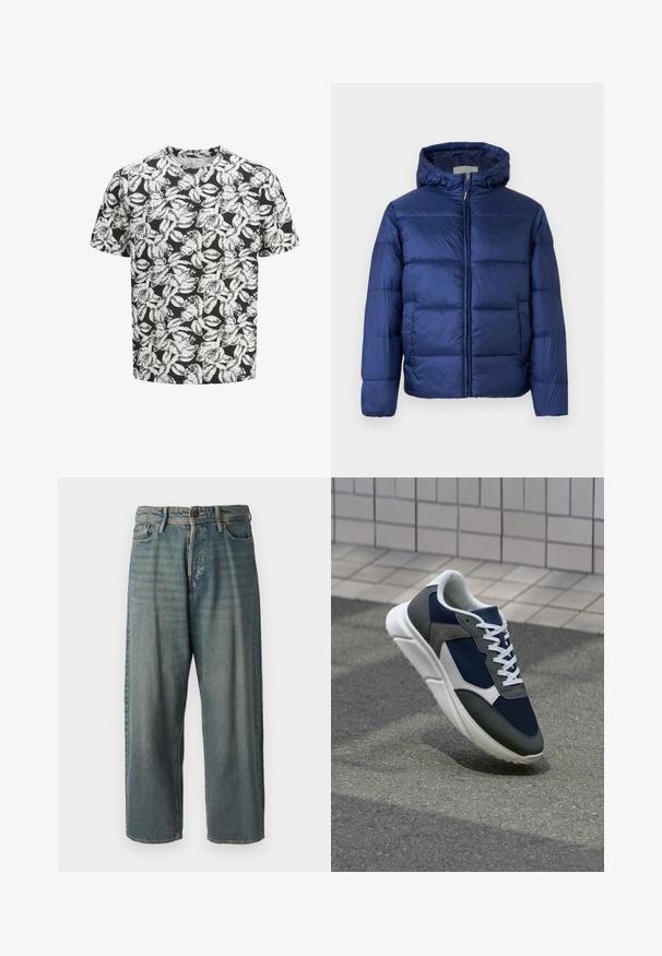 Ναυτικό μπλε φουσκωτό μπουφάν με κουκούλα, που διαθέτει γεμιστές περιοχές, μπροστινό φερμουάρ και ελαστικούς καρπούς για ζεστασιά και άνεση.; T-shirt κοντού μανικιού από μαλακό ύφασμα με μαύρο φόντο και λευκό σχέδιο φύλλων σε όλη την επιφάνεια. Στρογγυλή λαιμόκοψη, άνετη εφαρμογή.; Ανοιχτό μπλε τζιν παντελόνι με χαλαρή γραμμή, μέση μέσου ύψους και ευθείες γραμμές. Περιλαμβάνει πέντε τσέπες, θηλιές ζώνης και κούμπωμα με κουμπί.; Αθλητικά παπούτσια με επάνω μέρος από ναυτικό μπλε διχτυωτό ύφασμα, γκρι σουέτ λεπτομέρειες, λευκή καουτσούκ σόλα και επίπεδα λευκά κορδόνια, σχεδιασμένα για άνεση και αερισμό.