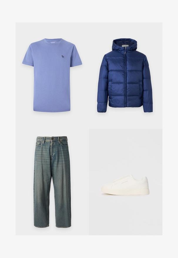 Sötétkék puffos dzseki kapucnival, steppelt részekkel, elülső cipzárral és elasztikus mandzsettákkal a melegség és kényelem érdekében.; Világoslila pamut póló, kerek nyakkal, rövid ujjal, a bal mellen egy sötétebb árnyalatú, kis hímzett logóval.; Világoskék farmernadrág, laza fazonnal, közepes derékbőséggel és egyenes szárral. Öt zsebet, övbucskát és gombos záródást tartalmaz.; Fehér slip-on sportcipők texturált felülettel, vastag talppal és minimalista dizájnnal. Az oldalon a márka logója található.