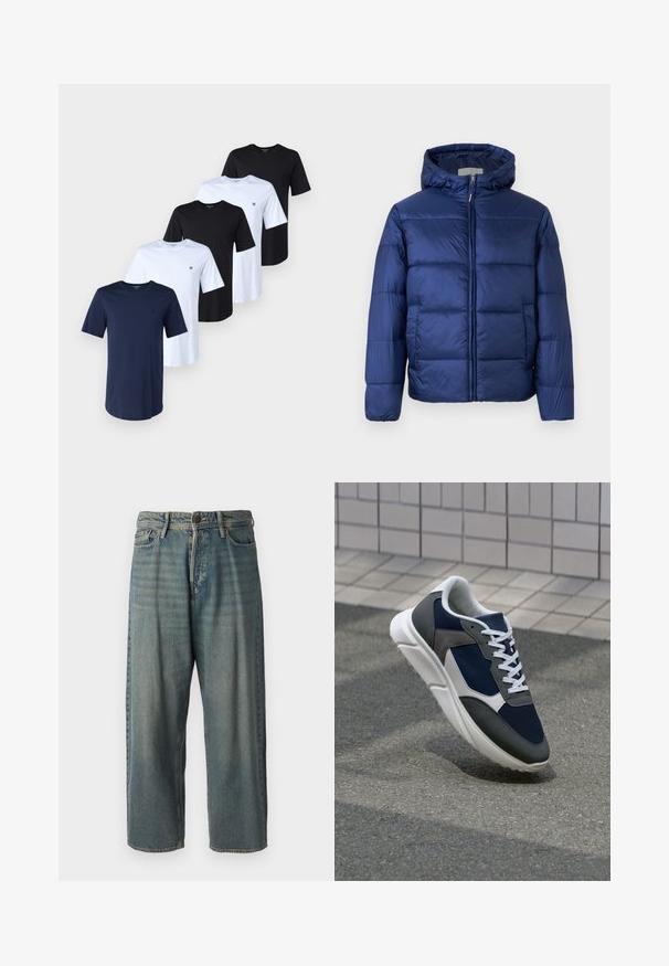 Tumši zila pūkainā jaka ar kapuci, ar quilted daļām, priekšējo rāvējslēdzēju un elastīgām piedurknēm siltumam un komfortam.; Pieci T-krekli, kas izgatavoti no tumši zila, melna un balta kokvilnas. Katram ir apaļa kakla izgriezums un īsas piedurknes. Uz katra krūtīm ir neliels logo kreisajā pusē.; Gaiši zili džinsi ar brīvu piegriezumu, vidējo jostas augstumu un taisnām kājām. Satur piecas kabatas, jostas cilpas un pogu aizdari.; Sporta apavi ar tumši zilas krāsas tīkla augšdaļu, pelēku zamšādas akcentiem, baltu gumijas zoli un plakaniem baltiem šņorēm, kas izstrādāti komfortam un elpojamībai.