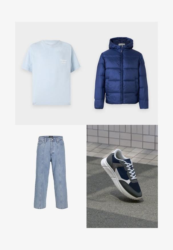 Chaqueta de plumas azul marino con capucha, que presenta secciones acolchadas, un cierre frontal y puños elásticos para mayor calidez y comodidad.; Camiseta de color azul claro hecha de algodón, con cuello redondo, mangas cortas y un pequeño logo blanco en el pecho, con una textura suave.; Vaqueros de mezclilla de color azul claro con un corte suelto, piernas anchas y detalles de costura visibles. Cuenta con un cierre de botón y cremallera, y cinco bolsillos.; Zapatillas con una parte superior de malla azul marino, detalles en gamuza gris, suela de goma blanca y cordones blancos planos, diseñadas para la comodidad y transpirabilidad.