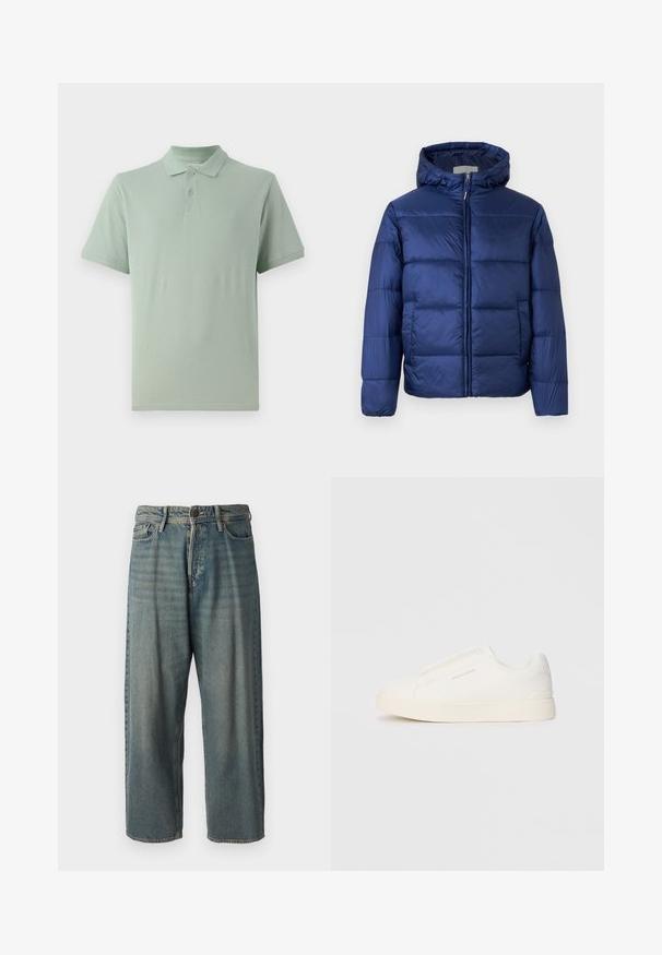 Giubbotto imbottito blu navy con cappuccio, caratterizzato da sezioni trapuntate, una zip frontale e polsini elasticizzati per calore e comfort.; Polo shirt verde chiaro in cotone, con colletto classico, patta a due bottoni e maniche corte con un delicato dettaglio del logo.; Jeans di denim azzurro chiaro con vestibilità ampia, vita media e gambe dritte. Presenta cinque tasche, passanti per cintura e chiusura con bottone.; Sneakers bianchi slip-on con superficie texturizzata, suola spessa e design minimalista. Presentano il logo del marchio sul lato.