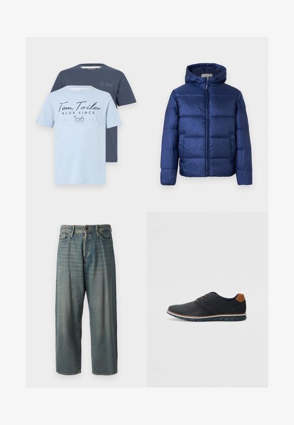Tumši zila pūkainā jaka ar kapuci, ar quilted daļām, priekšējo rāvējslēdzēju un elastīgām piedurknēm siltumam un komfortam.; Divas T-krekli no Tom Tailor: viens gaiši zils ar grafisku apdruku, un otrs tumši zils. Abi ir ar apaļu kakla izgriezumu un īsām piedurknēm.; Gaiši zili džinsi ar brīvu piegriezumu, vidējo jostas augstumu un taisnām kājām. Satur piecas kabatas, jostas cilpas un pogu aizdari.; Melni sintētiskie apavi ar struktūru augšdaļā, gludu akcentu, brūnu papēdi un kontrastējošu zoli. Iezīmē minimālu šņorēšanu un šuvju detaļas.