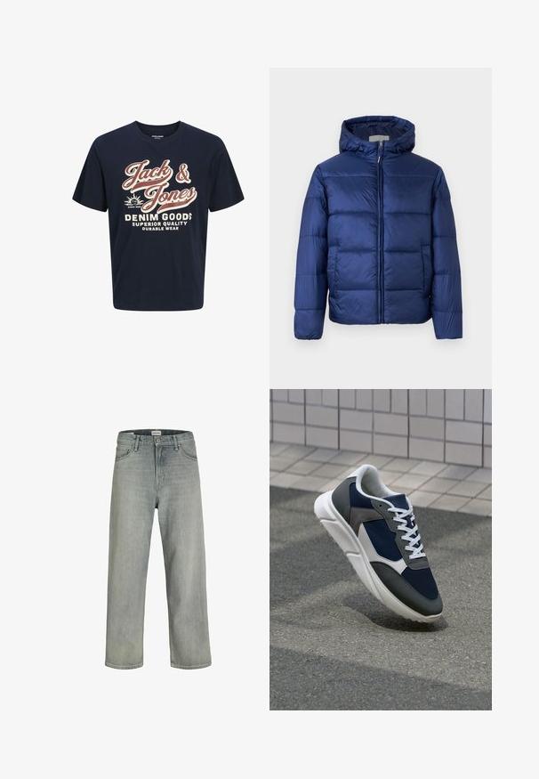 Chaqueta de plumas azul marino con capucha, que presenta secciones acolchadas, un cierre frontal y puños elásticos para mayor calidez y comodidad.; Camiseta de algodón azul marino con cuello redondo. Presenta texto en negrita en blanco y rojo: "Jack & Jones", "DENIM GOODS" y frases adicionales.; Vaqueros de mezclilla de un gris claro y corte holgado. Presentan un diseño clásico de cinco bolsillos, pasadores de cinturón y una silueta de pierna recta.; Zapatillas con una parte superior de malla azul marino, detalles en gamuza gris, suela de goma blanca y cordones blancos planos, diseñadas para la comodidad y transpirabilidad.