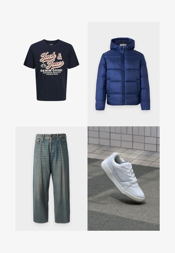 Tummansininen puhvijakku hupulla, jossa on tikatut osiot, etuvetoketju ja elastiset hihansuut lämmön ja mukavuuden takaamiseksi.; Tummansininen puuvillapaita, jossa on pyöreä kaula-aukko. Paidassa on rohkeaa valkoista ja punaista tekstiä: "Jack & Jones", "DENIM GOODS" ja muita lauseita.; Vaaleansiniset farkut, joissa on väljä istuvuus, keskikorkea vyötärö ja suorat lahkeet. Ominaisuuksiin kuuluvat viisi taskua, vyölenkit ja nappisulku.; Valkoinen nahkakengät, joissa on rei'itetyt sivut, teksturoituja yksityiskohtia, tasaiset nauhat ja erottuva harmaa kanta. Varrella on hieman kohotettu pohja.