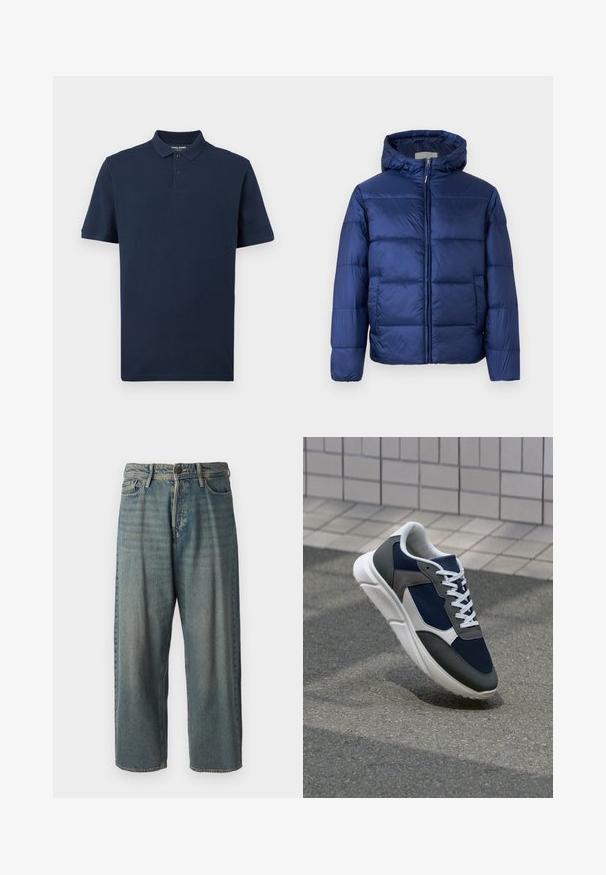 Doudoune bleu marine avec capuche, dotée de sections matelassées, d'une fermeture éclair à l'avant et de poignets élastiques pour chaleur et confort.; Polo de couleur bleu marine en coton doux. Présente un col classique, une patte de boutonnage à deux boutons et des manches courtes. Logo subtil sur la poitrine.; Jeans en denim bleu clair avec une coupe ample, taille mi-haute et jambes droites. Comprend cinq poches, des passants de ceinture et une fermeture à bouton.; Baskets avec une tige en mesh bleu marine, des accents en suède gris, une semelle en caoutchouc blanc et des lacets plats blancs, conçues pour le confort et la respirabilité.