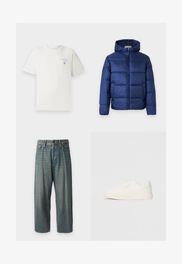 Marineblå puffjakke med hette, som har quiltede seksjoner, frontglidelås og elastiske mansjetter for varme og komfort.; Hvit bomulls t-skjorte med rund hals, korte ermer og blå "MYKONOS" grafikk på venstre bryst, med et sirkulært designelement.; Lyseblå denimjeans med løs passform, midjehøyde og rette ben. Har fem lommer, beltehemper og knappelukking.; Hvite slip-on joggesko med teksturert overflate, tykk såle og minimalistisk design. Har merkevarelogo på siden.