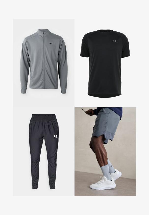 Gray zip-up jacket with a mock collar, made of smooth, lightweight fabric. Features black Nike logo on the left chest and long sleeves.; Black short-sleeve athletic shirt made of smooth, lightweight fabric. Features a rounded neckline and discreet logo on the chest.; Under Armour PRO PANT - Tracksuit bottoms - black/white; White athletic shoes with textured mesh upper, paired with light blue ribbed socks featuring a logo. Grey athletic shorts with perforated trim.