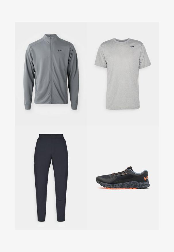 Grå zip-up jakke med høy hals, laget av glatt, lett stoff. Har svart Nike-logo på venstre bryst og lange ermer.; Grå t-skjorte med korte ermer laget av glatt stoff, med en svart Nike-logo på venstre skulder og en klassisk rund hals.; Sorte treningbukser med glatt tekstur, smal passform, elastisk midjebånd og sidelommer. Har en liten logo på venstre lår.; Sorte atletiske sko med en teksturert overdel, grå detaljer, oransje pynteelementer, såle med kamuflasjemønster og snøringssystem for sikker passform.