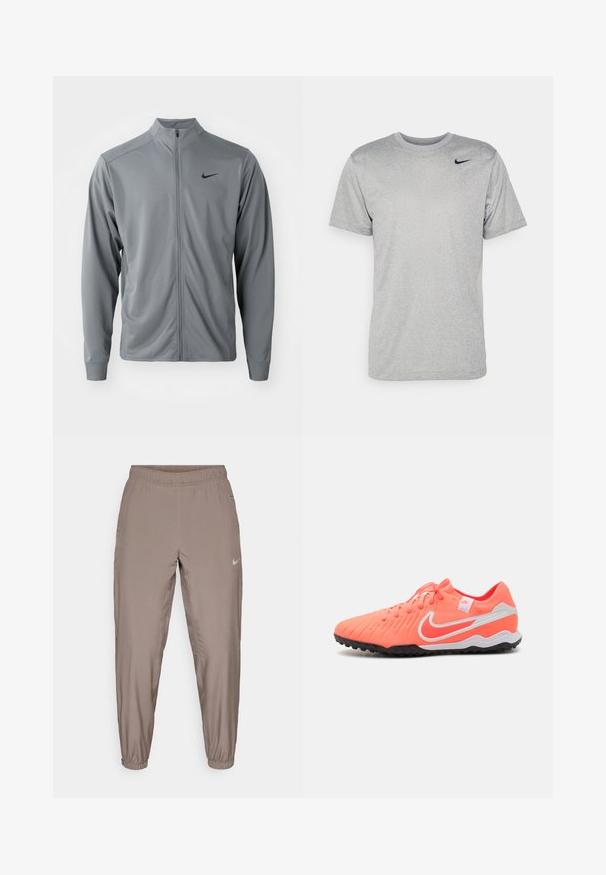 Chaqueta gris con cremallera y cuello alto, hecha de un tejido suave y ligero. Presenta el logotipo negro de Nike en el lado izquierdo del pecho y mangas largas.; Camiseta gris de manga corta hecha de tela suave, con un logo negro de Nike en el hombro izquierdo y un cuello redondo clásico.; Pantalones deportivos Nike en un color marrón claro, con una cinturilla elástica, piernas ajustadas y bolsillos laterales. Tejido suave y ligero.; Botas de fútbol de Nike, rosa brillante con detalles en blanco, parte superior texturizada, cordones estándar y suela de goma negra para tracción.