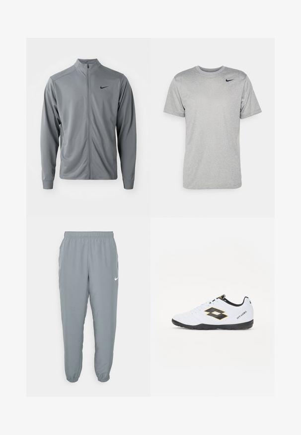 Gray zip-up jacket with a mock collar, made of smooth, lightweight fabric. Features black Nike logo on the left chest and long sleeves.; Gray short-sleeve t-shirt made of smooth fabric, featuring a black Nike logo on the left shoulder and a classic crew neckline.; Light grey joggers with an elastic waistband, side pockets, and tapered cuffs. Features a small white Nike logo. Smooth texture.; White sports shoes with black and yellow accents, featuring a textured upper, round toe, and a black rubber sole. The design includes a logo detail on the side.