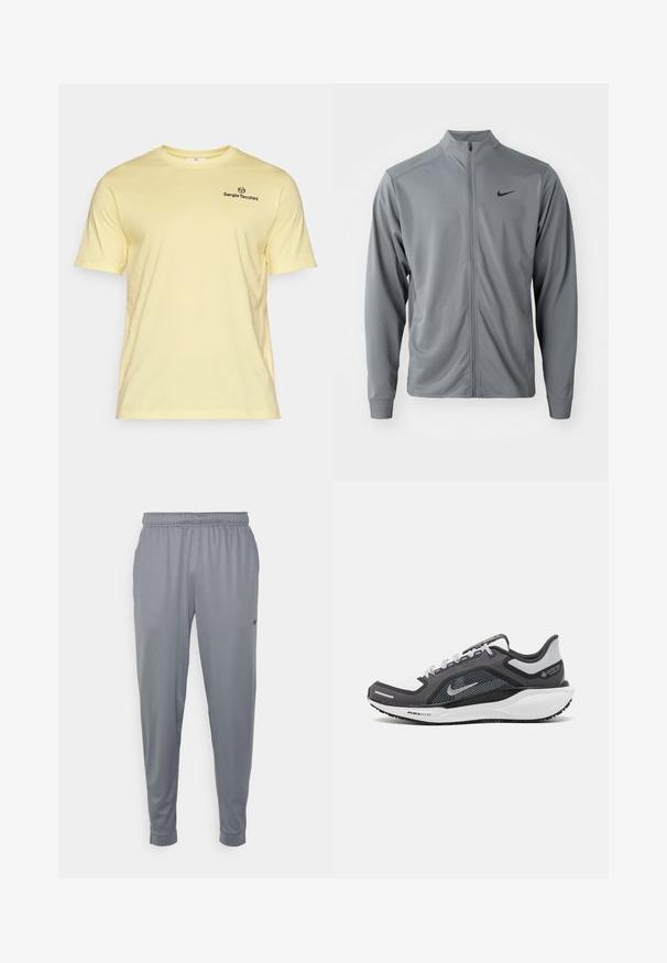 Szara kurtka zapinana na zamek błyskawiczny z kołnierzem typu mock, wykonana z gładkiego, lekkiego materiału. Posiada czarne logo Nike na lewej piersi i długie rękawy.; Jasnożółta bawełniana koszulka z krótkim rękawem, okrągłym dekoltem i małym czarnym logo na piersi. Miękka tekstura i luźny krój.; Szare majtki sportowe wykonane z lekkiego materiału, z elastycznym paskiem w talii, zwężającymi się nogawkami i małym logo z boku.; Czarne i szare buty sportowe z siateczkową cholewką, odblaskowymi akcentami i białą podeszwą środkową. Posiadają teksturowaną gumową podeszwę i sznurowadła.
