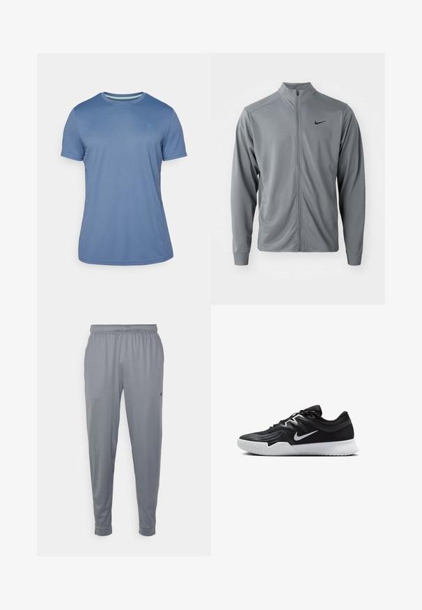 Šedá zipová bunda s krátkým stojáčkem, vyrobená z hladké, lehké látky. Obsahuje černé logo Nike na levé části hrudi a dlouhé rukávy.; Tričko s krátkým rukávem v světle modré barvě, vyrobené z hladkého materiálu. Má kulatý výstřih s kontrastním vnitřním lemem a malým logem.; Šedé sportovní kalhoty vyrobené z lehkého materiálu, s elastickým pasem, tapered nohavicemi a malým logem na boku.; Černá atletická bota s texturovaným svrškem, bílým logem Nike a bílou gumovou podrážkou. Disponuje šněrovacím designem a dynamickým tvarem.