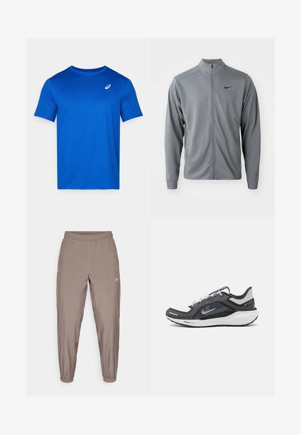 Grå zip-up jakke med høy hals, laget av glatt, lett stoff. Har svart Nike-logo på venstre bryst og lange ermer.; Blå kortermet T-skjorte laget av lett stoff. Har en rund hals og en liten hvit logo på brystet. Glatt tekstur.; Nike treningsbukser i en lys brun farge, med elastisk liv, smale ben og sidelommer. Glatt, lett stoff.; Svart og grå atletisk sko med mesh-overdel, refleksdetaljer og hvit mellomsåle. Har strukturert gummisåle og lisser.