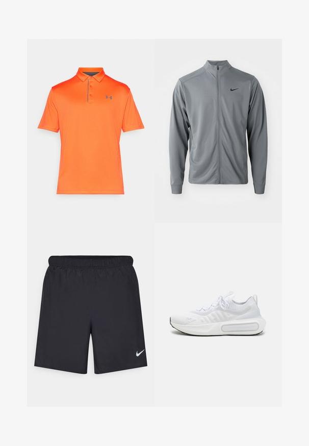 Grå zip-up jakke med høy hals, laget av glatt, lett stoff. Har svart Nike-logo på venstre bryst og lange ermer.; Oransje polo-skjorte med korte ermer, kragehals og tre-knapps knappestolpe. Har en subtil tekstur og en liten grå logo på brystet.; Svart sportskjørt laget av lett materiale med elastisk linning. Har en liten hvit Nike-logo nederst til venstre.; Hvit atletisk sko med et teksturert strikket overdel, snøring, polstret såle og et distinkt merkeelement på siden.
