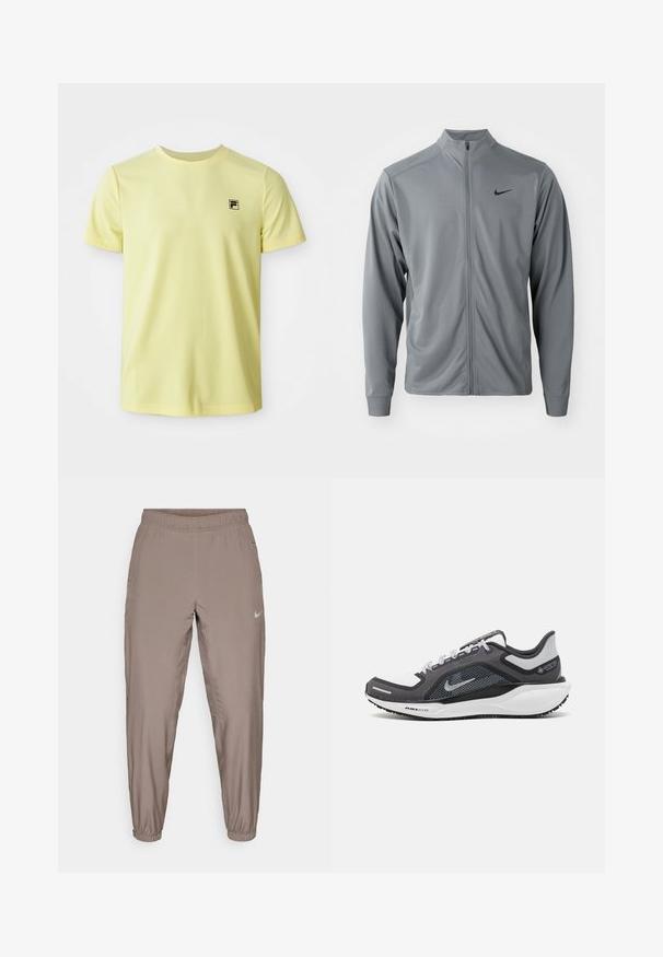 Siva zip-up jakna z visokim ovratnikom, izdelana iz gladkega, lahkega materiala. Ima črni Nike logotip na levi prsni strani in dolge rokave.; Svetlo rumena kratkotrajna majica s kratkimi rokavi in krožnim izrezom, z majhnim črnim logotipom na levi prsni strani, prikazana na beli podlagi.; Nike športne hlače v svetlo rjavi barvi, s plitvim pasom, zoženimi hlačnicami in stranskimi žepi. Gladek, lahek material.; Črne in sive atletske čevlje z mrežasto zgornjim delom, odsevnimi detajli in belim srednjim podplatom. Imajo strukturiran gumijast podplat in vezalke.