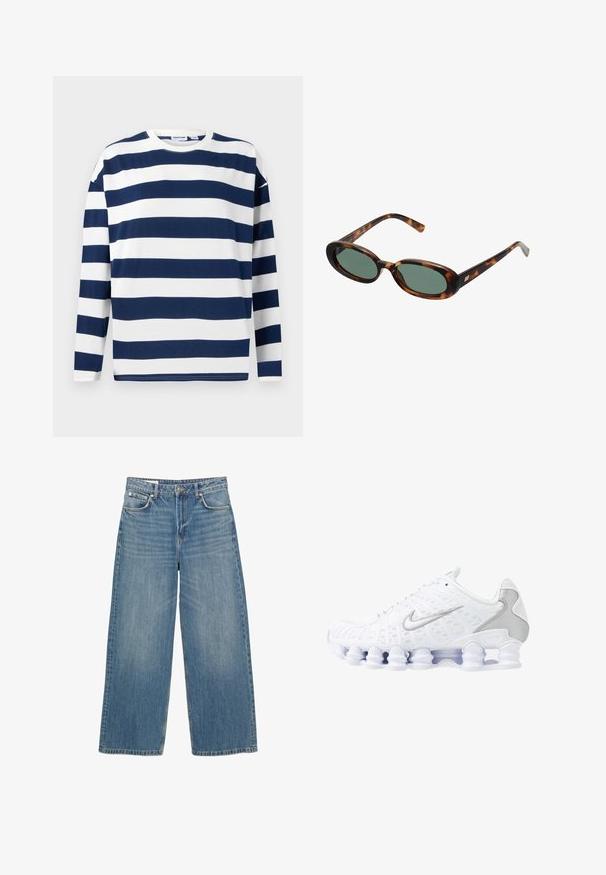 Hnedá kožená bomber bunda, béžový top, vysoké rozšírené riflové nohavice a hnedé špicaté lodičky na neutrálnej pozadí.; Dlhý rukáv tričko v námorníckej modrej a bielej pruhovanej farbe. Vyrobené z bavlny, s okrúhlym výstrihom a rovnými okrajmi. Hladká textura, neformálny dizajn.; Svetlomodré široké džínsy vyrobené z denimu. Obsahujú päť vreciek, zapínanie na gombík a čistý lem. Po celej ploche sú rozjasnené pre textúru.; Biele športové topánky s jemnou sieťovinou na hornej časti, striebornými detailmi a jedinečným dizajnom podpätka v tvare cievky. Majú polstrovaný golier a šnurovanie pre lepšie udržanie na nohe.; Slnečné okuliare v štýle korytnačiny s oválnymi rámami a zelenými sklami. Majú tenké nožičky s kovovým akcentom pri pántoch.; Modrá prešívaná denníková taška na rameno so zlatým reťazovým popruhom a výrazným zlatým logom na prednej strane. Kompaktný obdĺžnikový tvar.