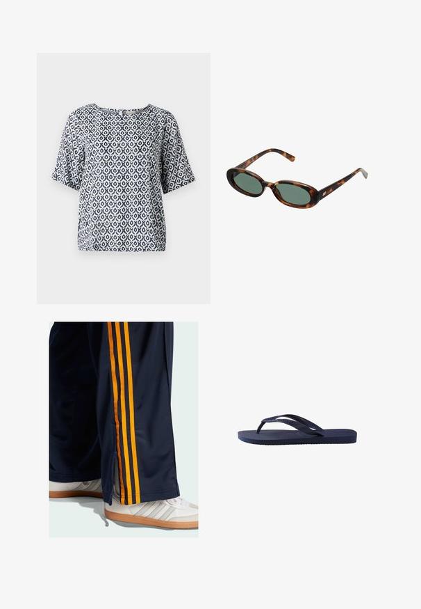 Giacca bomber in pelle marrone, top beige, jeans in denim a vita alta e a forma svasata, e tacchi a punta marroni su uno sfondo neutro.; Top corto a maniche corte blu navy e bianco con scollatura rotonda e motivi geometrici. Realizzato in materiale leggero con una vestibilità comoda.; Pantaloni sportivi blu navy con strisce laterali arancioni, con polsini con zip e una texture liscia. Indossati con sneaker bianche con accenti grigi.; Infradito blu navy con cinturini e suola in gomma testurizzata, caratterizzati da un motivo ondulato sui cinturini e un plantare piatto e rigato.; Occhiali da sole tartarugati con montatura ovale e lenti verdi. Presentano aste sottili con un accento metallico vicino alle cerniere.; Borsa a spalla in denim trapuntato blu con tracolla in catena dorata e un accentuato logo dorato sul davanti. Forma rettangolare compatta.; Orecchini in metallo argento con un design ondulato e scultoreo, caratterizzati da una finitura lucida e forme irregolari, che evidenziano un'estetica contemporanea.