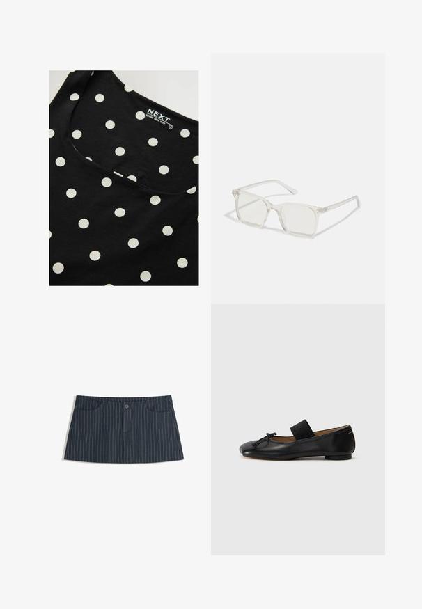 Bruine leren bomberjack, beige top, high-waisted flared denim jeans en bruine puntige hakken tegen een neutrale achtergrond.; Zwarte katoenen mouwloze top met witte stippen, voorzien van een ronde halslijn en een gladde textuur. Merklabel zichtbaar aan de binnenkant.; Marineblauwe minirok met een streeppatroon, voorzien van voorzakken en een enkele knoopsluiting in de taille.; Zwarte leren balletschoenen met een ronde neus, een klein knoopdetail en een elastische band over de wreef voor een stevige pasvorm. Platte zool.; Heldere plastic vierkante monturen met doorzichtige glazen, gekenmerkt door gouden accenten op de slapen voor extra detail.; Blauwe gewatteerde denim schoudertas met een gouden kettingstrap en een opvallend gouden logo accent op de voorkant. Compact rechthoekig van vorm.