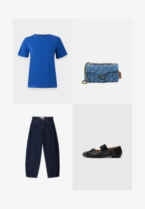 Barna bőr bomberdzseki, bézs felső, magasan ültetett, harangszárú farmernadrág és barna hegyes sarkú cipő egy semleges háttér előtt.; Kék pamut póló kerek nyakkal, rövid ujjakkal és felgöngyölt mandzsettával. Simaszerű textúra, egyenes szegély és semmilyen látható minta vagy díszítés nincs rajta.; Sötétkék denim nadrág, laza szabással, öt zsebbel, kontrasztos varrással és elöl cipzárral.; Fekete bőr balettcipők lekerekített orral, kicsi masni részlettel és egy elasztikus pánttal a lábfej fölött a biztonságos illeszkedés érdekében. Lapos talp.; Kék steppelt farmer választható táska, arany lánc vállpánttal és egy kiemelkedő arany logóval az elején. Kompakt, téglalap alakú.