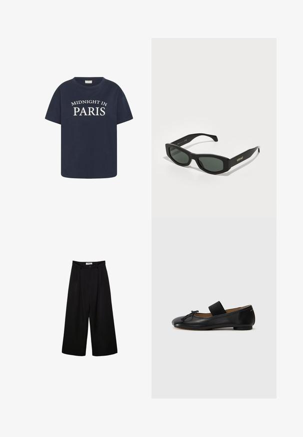 Musta nahkainen pommikoneen takki, beige paita, korkeavyötäröiset leveälahkeiset farkut ja ruskeat kärjelliset korkokengät neutraalia taustaa vasten.; T-paita tummansinisestä puuvillasta, jossa on pyöreä pääntie ja lyhyet hihat. Edessä on valkoinen teksti "MIDNIGHT IN PARIS".; Mustat leveät housut, joissa on korkeavyötärö, poimutettu etuosa ja nappisulku. Valmistettu sileästä kankaasta, jossa on räätälöity muotoilu.; Mustan luonnonvahattu ballet-tossut, joissa on pyöreä kärki, pieni solkkiyksityiskohta ja joustava nauha jalkapöydän yli turvallisen istuvuuden takaamiseksi. Tasapohja.; Mustat suorakulmaiset aurinkolasit vihreillä linsseillä, jossa on rohkeat kehykset ja kultaiset "VERSACE" -brändäykset templeissä.; Sinine vatitatud teksakott õlal, millel on kuldne ahel rihm ja silmapaistev kuldne logo esiosas. Kompaktne ristkülikukujuline vorm.