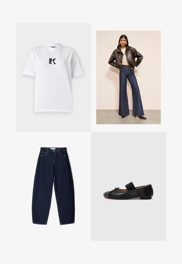 Rjava usnjena bomberska jakna, bež majica, kavbojke z visokim pasom in širokimi hlačnicami ter rjave špicaste pete na nevtralni podlagi.; Karl Lagerfeld Jeans K LOGO - Navadna majica - white; Modra in bela vertikalno črtasta dolga srajca z gumbi, s pointed ovratnikom in enim prsnim žepom.; Temno modre kavbojke s širokim krojem, ki vključujejo pet žepov, kontrastni šivi in zadrgo na sprednji strani.; Črne usnjene balerinke s zaobljenim nosom, majhno pentljo in elastičnim trakom čez gleženj za varen oprijem. Ravna podloga.