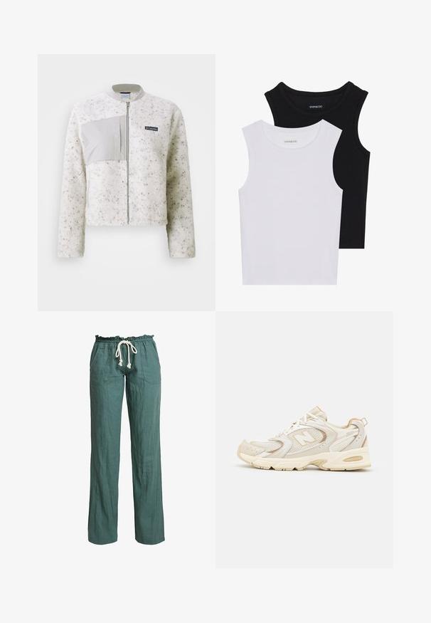 Biely fleeceový kabát s hladkým sivým panelom na ľavej strane, so zipsom a rebrovaným golierom. Textúrovaný povrch s jemnými škvrnami.; Dve bezrukávové topy v čiernej a bielej farbe, vyrobené z rebrovanej bavlny, s okrúhlym výstrihom a priliehavým strihom. Viditeľné štítky na oboch.; Ľahké, zelené ľanové nohavice s uvoľneným strihom, elastickým pásom a šnúrkou, obsahujúce dve bočné vrecká.; Bežové športové topánky s sieťovinou a syntetickými prekrytiami, s textúrovaným povrchom, polstrovaným golierom a odpružením "ABZORB" na päte.