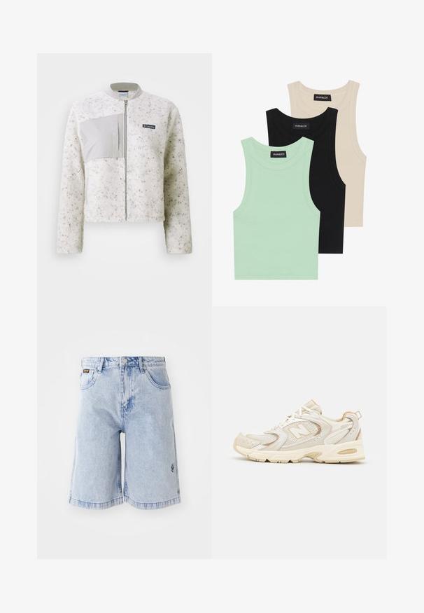 Bílá fleecová bunda s hladkým šedým panelem na levé straně, zapínání na zip a žebrovaným límcem. Texturovaný povrch s jemnými skvrnkami.; Tři tílka v mátové zelené, černé a béžové barvě; vyrobená z žebrované látky s kulatým výstřihem a bez rukávů. Viditelná značková etiketa.; Svetle modré džíny šortky s vysokým pasem, volným střihem a předními kapsami. Dekorativní prošívání a výšivka loga značky na boku.; Béžové sportovní boty s síťovinou a syntetickými vrstvami, mají texturovaný povrch, polstrovaný límec a odpružení "ABZORB" v patě.