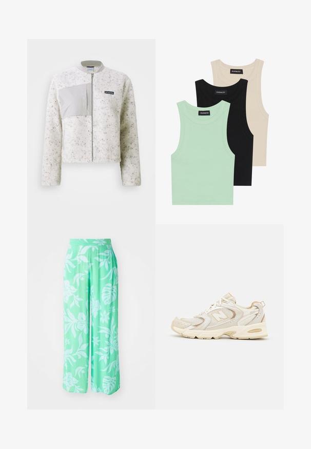Balta pūkinė striukė su lygiąja pilka plokšte kairėje, užtrauktuku užsegama ir su raukšlėtu apykakle. Tekstūruotas paviršius su smulkiais taškeliais.; Trys tankų marškinėliai mėtų žalsvos, juodos ir smėlio spalvos; pagaminti iš raiboto audinio, su apvaliu iškirpimu ir be rankovių. Matoma prekės ženklo etiketė.; Šviesiai žalia plačiakojų kelnių pora su baltu gėlių raštu. Pagamintos iš tekstūruotos medžiagos, su elastinga juosmens juosta ir laisvu siluetu.; Beigi sportiniai bateliai su tinkleliu ir sintetinėmis detalėmis, turintys tekstūruotą paviršių, paminkštintą apykaklę ir "ABZORB" amortizaciją kulno srityje.