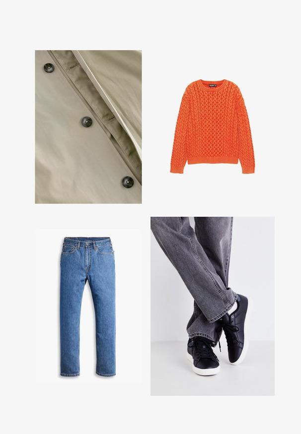 Khaki trencz z gładką teksturą, z ciemnymi guzikami i subtelnym wykończeniem szwów wzdłuż listew i dekoltu.; Pomarańczowy sweter dzianinowy z fakturowanym wzorem kablowym, okrągłym dekoltem oraz ściągaczami na rękawach i u dołu. Wykonany z miękkiej, ciepłej tkaniny.; Niebieskie dżinsy o prostym kroju, z pięcioma kieszeniami, z zapięciem na guzik i pomarańczowymi przeszyciami na czystym białym tle.; Czarne skórzane sneakersy z białymi podeszwami i sznurówkami, zestawione z szarymi dżinsami. Sneakersy mają gładką fakturę i minimalistyczny design.