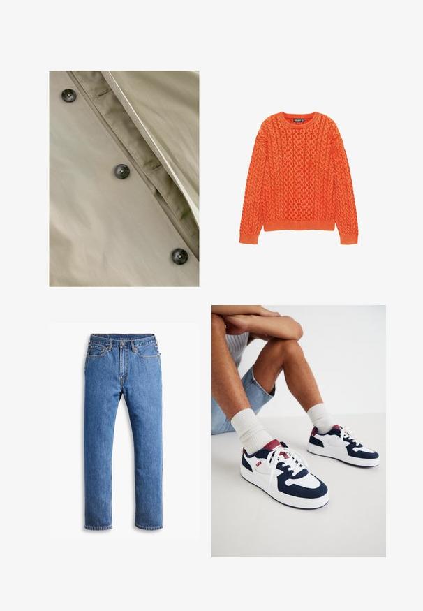 Khaki trencz z gładką teksturą, z ciemnymi guzikami i subtelnym wykończeniem szwów wzdłuż listew i dekoltu.; Pomarańczowy sweter dzianinowy z fakturowanym wzorem kablowym, okrągłym dekoltem oraz ściągaczami na rękawach i u dołu. Wykonany z miękkiej, ciepłej tkaniny.; Niebieskie dżinsy o prostym kroju, z pięcioma kieszeniami, z zapięciem na guzik i pomarańczowymi przeszyciami na czystym białym tle.; Granatowo-białe trampki wykonane z zamszu i siateczki, z czerwonym akcentem na pięcie i białymi sznurówkami, z teksturowaną podeszwą.
