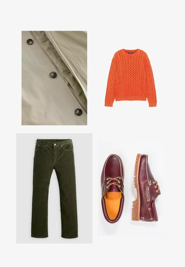 Cămașă trench khaki cu o textură netedă, având butoane închise la culoare și detalii de cusătură subtilă de-a lungul plăcuței și gulerului.; Pulover tricotat portocalie, cu un model texturat de fire împletite, decolteu rotund și manșete și tiv cu model în relief. Fabricat dintr-un material moale și călduros.; Pantaloni din țesătură de catifea în verde măsliniu, cu croială dreaptă, prevăzuți cu buton frontal, fermoar, bucle pentru curea și un design cu cinci buzunare, pe un fundal alb.; Pantofi din piele burgundă cu talpă din cauciuc brun, vârf rotund, cusături albe și gauri aurii pentru șireturi. Interiorul are un căptușeală galbenă.
