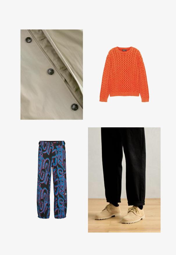 Khaki trenchcoat met een gladde textuur, voorzien van donkere knopen en subtiele stikdetails langs de sluiting en de halslijn.; Oranje gebreide trui met een textuur van kabelpatroon, ronde halslijn en geribde mouwen en zoom. Gemaakt van zacht, warm materiaal.; Zwarte broeken met heldere blauwe en roze abstracte patronen. Heeft elastische boorden en een tailleband met twee verstelbare riemen en knopen.; Clarks Originals DESERT ROCK LO - Sportieve veterschoenen - maple