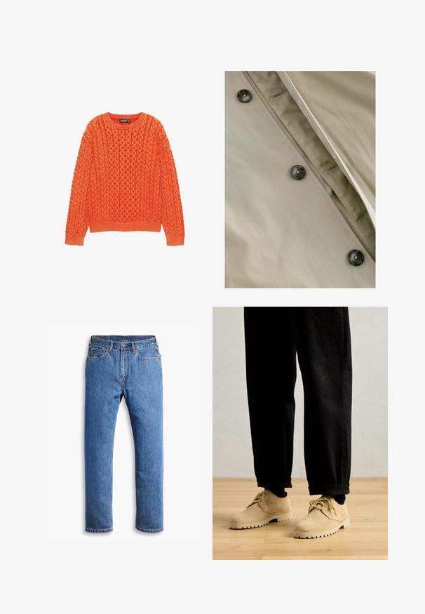 Khaki trenssitakki, jossa on sileä pinta, tummat napit ja huomaamaton ompelu yksityiskohta läpän ja kaulan ympärillä.; Oranssi neulepaita, jossa on teksturoitu palmikkokuvio, pyöreä kaula-aukko ja resorit hihoissa sekä helmassa. Valmistettu pehmeästä ja lämpimästä kankaasta.; Siniset farkut suoran leikkuun kanssa, joissa on viisi taskua, napin kiinnitys ja oranssit ompeleet puhtaalla valkoisella taustalla.; Clarks Originals DESERT ROCK LO - Rennot nauhakengät - maple