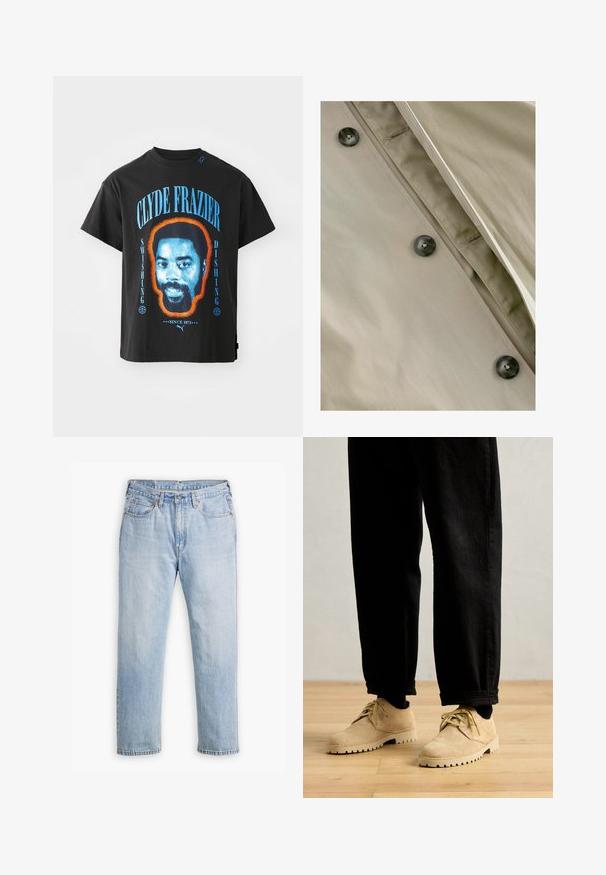 Khakifarvet trenchcoat med en glat tekstur, prydet med mørke knapper og subtile syninger langs stolpen og halsudskæringen.; Sort bomulds T-shirt med et grafisk motiv af Clyde Frazier's ansigt, slynget i orange, med blå tekst der står "SWISHING" og "DISHING."; Lysblå denimjeans med lige bendesign, fem lomme stil og kontrastsyet. Knap- og lynlåslukning i taljen.; Clarks Originals DESERT ROCK LO - Sporty snøresko - maple