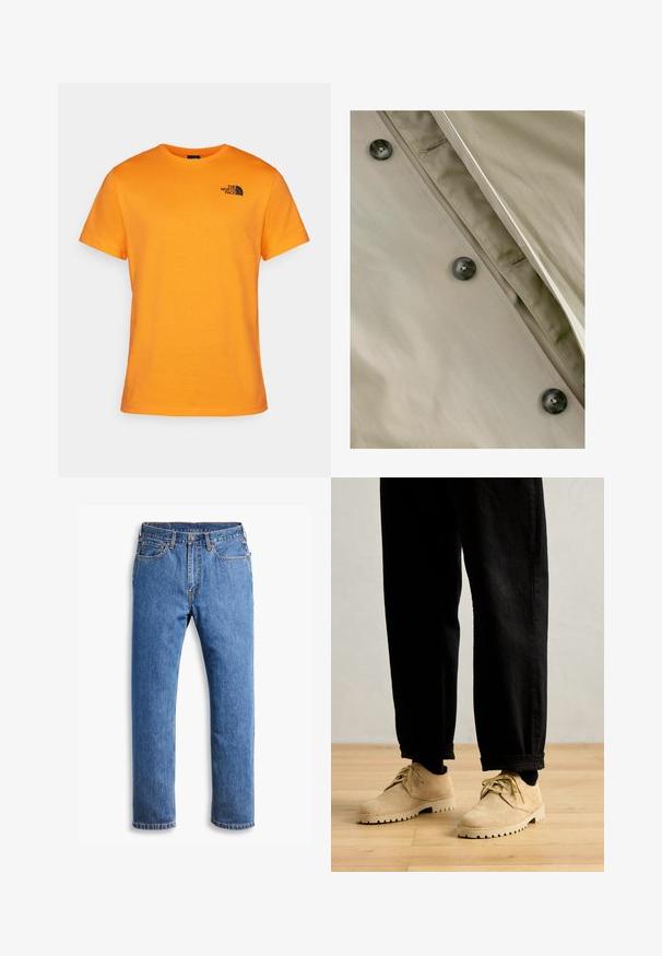 Khaki trenssitakki, jossa on sileä pinta, tummat napit ja huomaamaton ompelu yksityiskohta läpän ja kaulan ympärillä.; Oranssi puuvillapaita, jossa on pyöreä kaula-aukko ja lyhyet hihat. Vasemmassa rinnassa on musta logopaino. Sileä pinta, normaali istuvuus.; Siniset farkut suoran leikkuun kanssa, joissa on viisi taskua, napin kiinnitys ja oranssit ompeleet puhtaalla valkoisella taustalla.; Clarks Originals DESERT ROCK LO - Rennot nauhakengät - maple