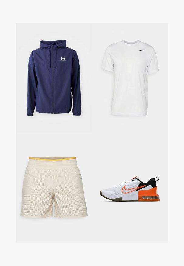 Tumed sinine kerge jakk, millel on lukuga esiosa, reguleeritav kapuuts, elastsed varrukad ja valge logo rinnal. Sile, tekstuuriline kangas.; Valge lühikeste varrukatega t-särk, mis on valmistatud siledast kangast. Omab ümmargust kaelust ja väikest musta Nike logo vasakul rinnal.; Bežid sportlik lühikesed püksid, millel on perforeeritud tekstuur, kollane vöökoht, elastne materjal ja sirge lõikekujundus. Sobivad aktiivseks kasutamiseks.; Valge sportlik king, millel on tekstuuriga võrkkangas, mustad ja oranžid detailid, paks kummitald ja selge õhukambriga osa kanna juures.