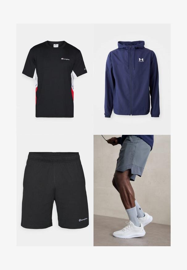 Námornícky modrá ľahká bunda so zipsom vpredu, nastaviteľnou kapucňou, elastickými manžetami a bielym logom na hrudi. Hladká, textúrovaná tkanina.; Čierne tričko s krátkymi rukávmi, ktoré má biele a červené bočné akcenty, s malým bielym logom Champion na hrudi. Vyrobené z mäkkej tkaniny.; Čierne atletické šortky s elastickým pásom, vyrobené z mäkkej tkaniny, s malým bielym logom na dolnej ľavej strane.; Biele atletické topánky s textúrovaným sieťovinovým zvrškom, v kombinácii so svetlomodrými rebrovanými ponožkami s logom. Šedé atletické šortky s perforovaným lemem.