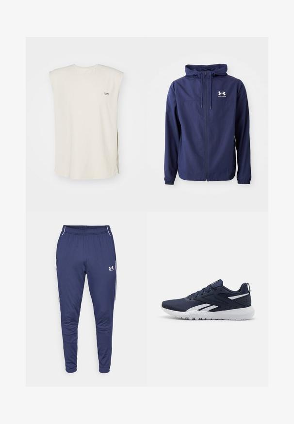 Giacca leggera blu navy con zip frontale, cappuccio regolabile, polsini elasticizzati e logo bianco sul petto. Tessuto liscio e testurizzato.; Top senza maniche di colore crema in tessuto leggero, con scollo a V, spacchi laterali e un piccolo logo sul lato sinistro del petto.; Under Armour CHALLENGER TRAINING - Pantaloni sportivi - midnight navy/white; Scarpe da ginnastica navy con upper in mesh testurizzato, suola in gomma bianca e accenti bianchi a contrasto. Design con lacci e linguetta posteriore.
