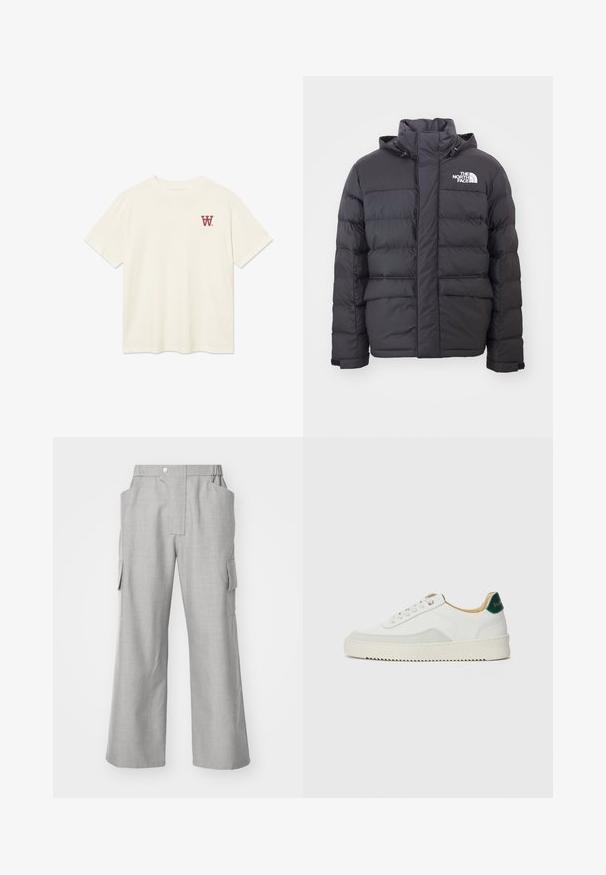 Black padded jacket with a high collar and adjustable hood, featuring the North Face logo. Two front pockets with a smooth texture.; Off-white short-sleeve crewneck T-shirt with small red "W" logo on the left chest.; Gray wide-leg cargo pants made of textured fabric with a front button closure, two side pockets, and two side cargo pockets.; White sneaker with suede accents, rounded toe, flat laces, and a cream rubber sole. Features green branding on the heel.