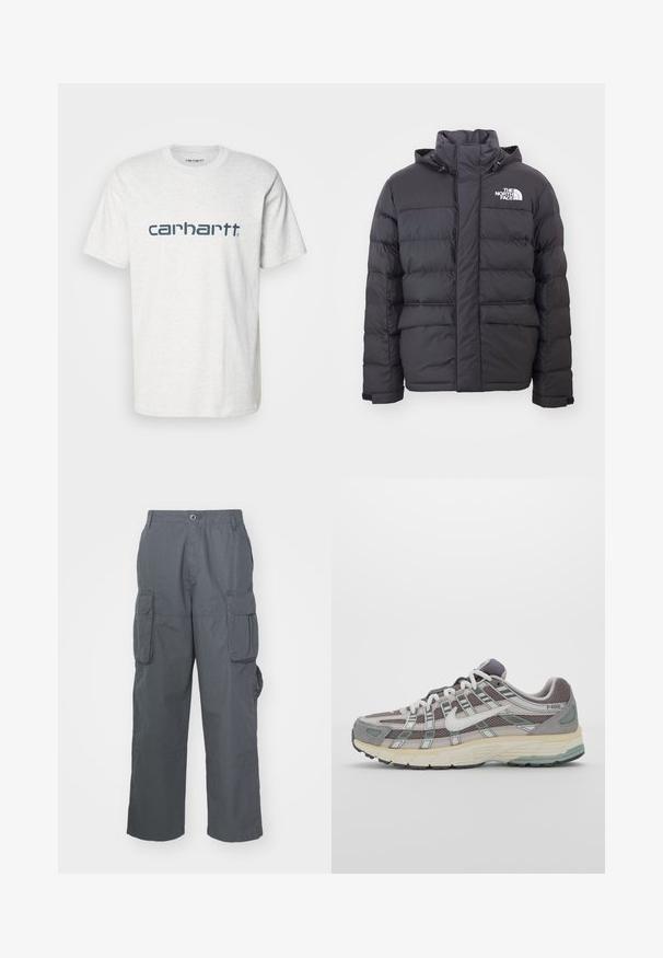 Jachetă neagră îmblănită, cu guler înalt și glugă ajustabilă, având logo-ul North Face. Două buzunare frontale cu o textură netedă.; Carhartt WIP SCRIPT - Tricou cu imprimeu - ash heather/duck blue; Pantaloni cargo din țesătură gri închis; au mai multe buzunare laterale, o croială lejeră și o închidere cu nasture la talie.; Pantofii sport gri sunt realizați dintr-un amestec de plasă și piele întoarsă, cu accente albe, o talpă bine îmbrăcată și un design distinctiv cu elemente reflectorizante.