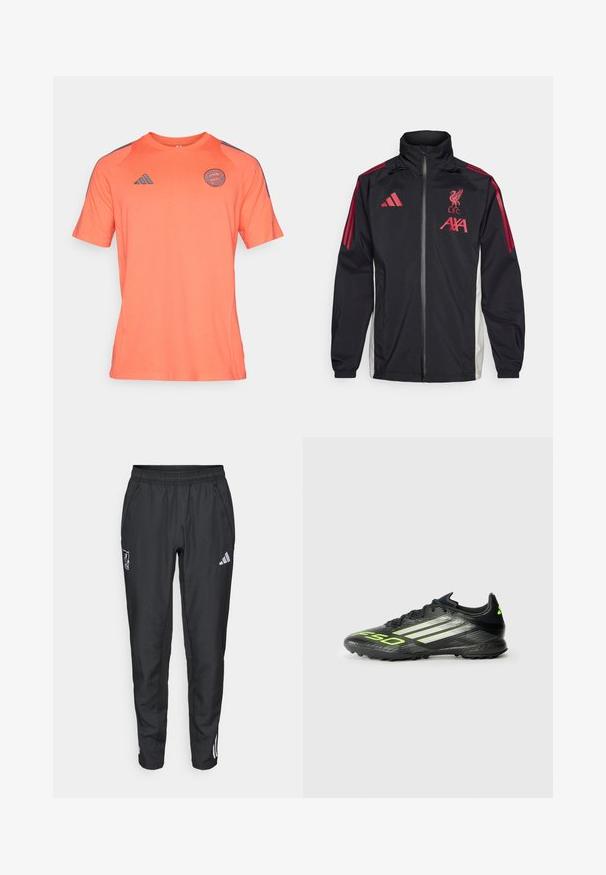 adidas Performance LIVERPOOL FC 25/26 TIRO RAIN JACKET - Ρούχα για κλαμπ - black; Αθλητικό μπλουζάκι κοντό μανίκι σε ροζ-πορτοκαλί από μαλακό ύφασμα, με λαιμόκοψη τύπου crew και σκούρες γκρι λεπτομέρειες στους ώμους και το λογότυπο.; adidas Performance LIVERPOOL FC 25/26 EUROPEAN PRESENTATION PANTS - Ρούχα για κλαμπ - black; Μαύρο ποδοσφαιρικό παπούτσι με υφή, με φωτεινές πράσινες λεπτομέρειες και τρεις λευκές ρίγες. Σχεδιασμένο για γήπεδο με καουτσούκ σόλα.