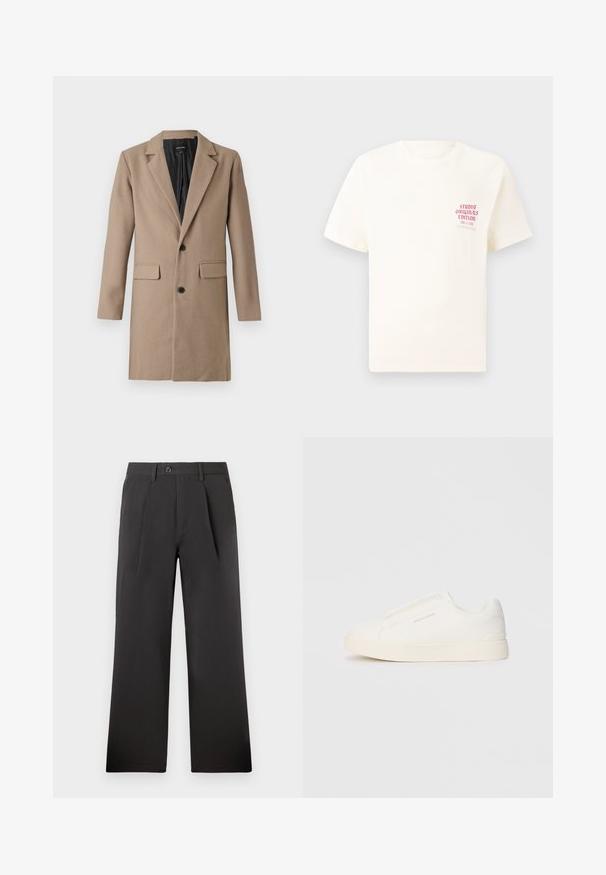 Manteau en mélange de laine beige avec un col cranté, des manches longues, deux poches avant et deux boutons noirs. La doublure intérieure est noire.; T-shirt blanc à manches courtes avec le texte rouge "Édition Originals du Studio" sur la poitrine gauche, présenté sur un fond gris neutre.; Pantalons plissés noirs avec un design droit, fabriqués dans un tissu lisse. Dotés d'une fermeture à bouton et de passants de ceinture à la taille.; Baskets blanches sans lacets avec une surface texturée, une semelle épaisse et un design minimaliste. Présente le logo de la marque sur le côté.