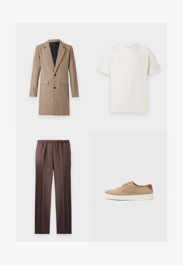 Beige ullblandet frakk med skjortekrage, lange ermer, to frontlommer og to svarte knapper. Innermaterialet er svart.; Hvit T-skjorte med kort erm i ribbestrikket tekstur. Rund hals, avslappet passform, ingen synlige mønstre eller detaljer. Enkelt og allsidig design.; Brune rutete bukser med løs passform, elastisk midje og en glatt tekstur. Har rette ben og et subtilt rutemønster.; Beige semskinnsko med rund tå, snøring foran og en teksturert bakre aksent. Hvit gummisåle gir kontrast. Enkelt og moderne design.