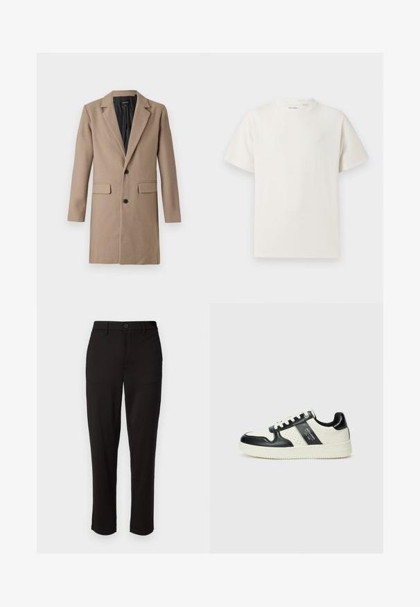 Beige wollen mix jas met een gelapte kraag, lange mouwen, twee zijzakken en twee zwarte knopen. De binnenvoering is zwart.; Witte korte mouwen T-shirt met ribbelstructuur. Ronde hals, ontspannen pasvorm, geen zichtbare patronen of accenten. Eenvoudig en veelzijdig ontwerp.; Zwarte broek gemaakt van lichte stof, met een rechte pijp, knoopsluiting aan de voorkant, riemlussen en zijzakken.; Leren sneakers met een zwart en crèmekleurig kleurenschema, voorzien van geperforeerde accenten, een gevoerde kraag en een gestructureerde buitenzool.
